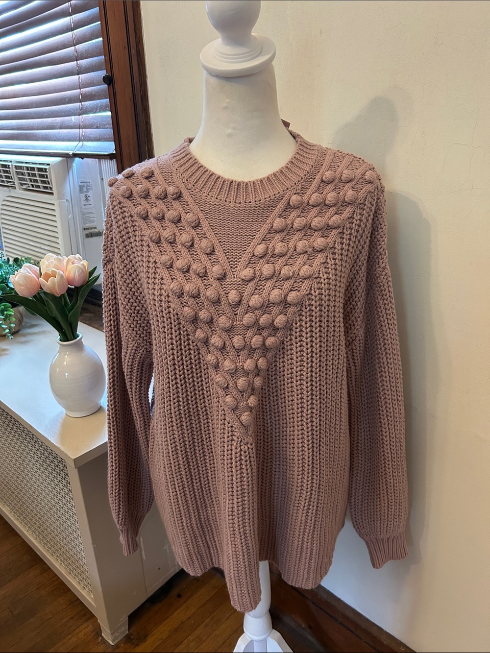 In Loom Cozy Knit Bubble-Stitch Pullover Sweater - Dusty Rose size S/M NWT